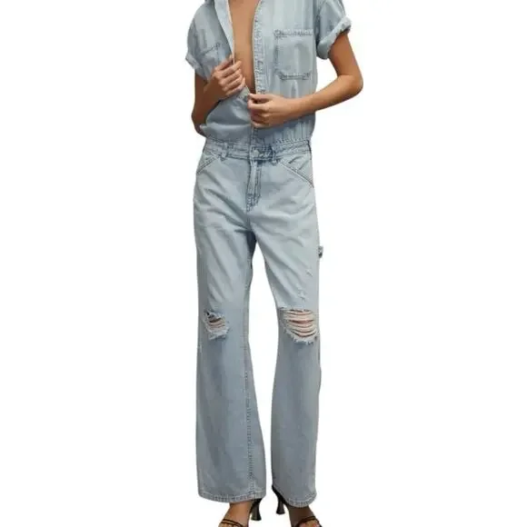 Pilcro Slouchy Denim Jumpsuit Light Wash Straight Leg Distressed size 4 - Picture 7 of 7